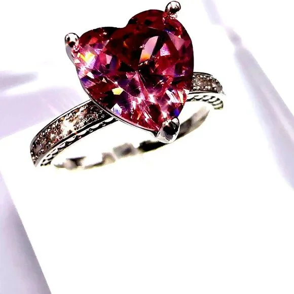 Pink Cubic Zirconia Heart Cut Ring Silver Tone Size 7 - Picture 5 of 9